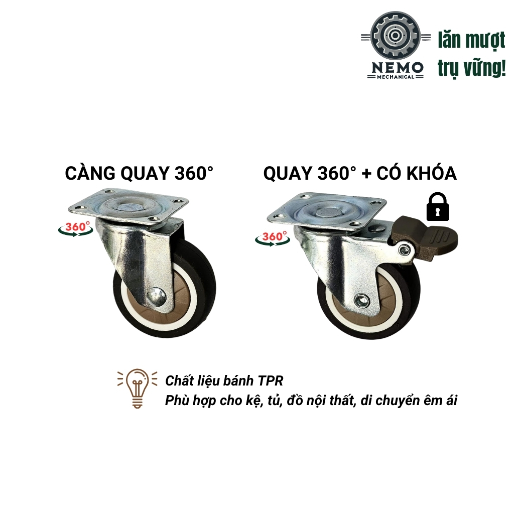 Bánh xe TPR nội thất, có ổ bi, gắn đồ nội thất, xe chòi chân trẻ em tải dưới 100kg